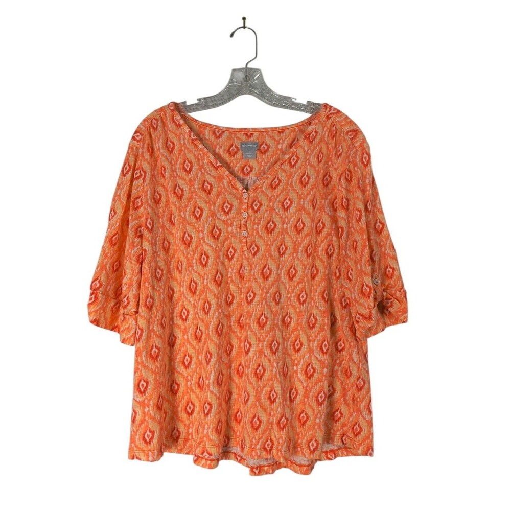 Chicos Henley Tee Women's XL 3 Orange Blossom Ikat Elbow Length Sleeves Casual